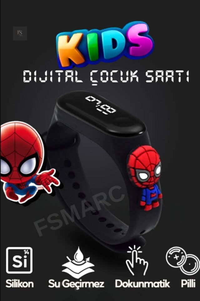 Örümcek Adam Spiderman Figürlü Dijital Led Çocuk Saati Dokunmatik Ekranlı Su Geçirmez (siyah)