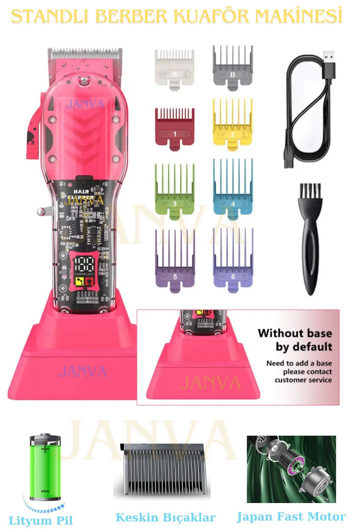 Matrix Led Ekranlı Standlı Şeffaf Transparan Tıraş Makinesi Profosyonel Kullanım Lityum, 8 taraklı Kırmızı