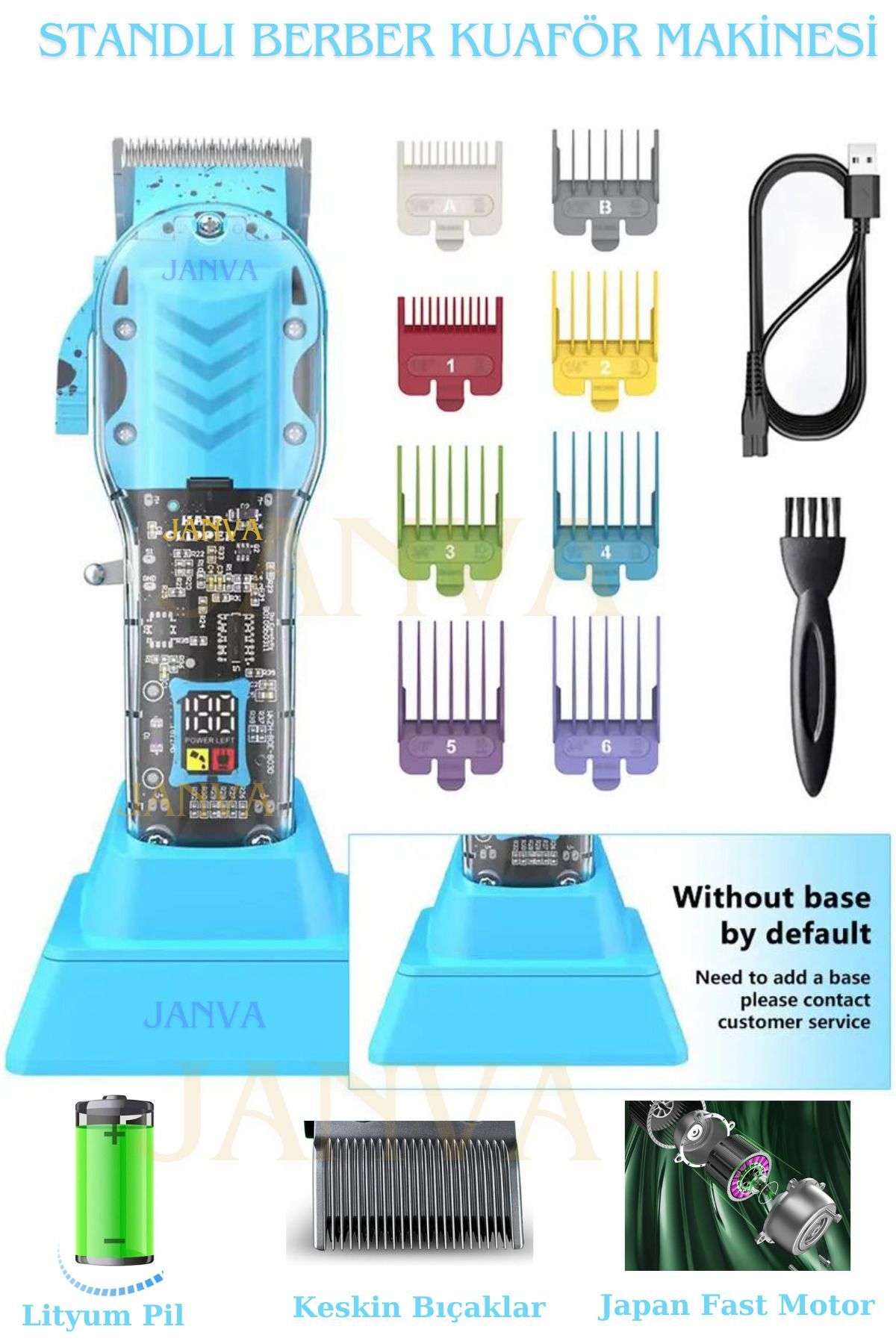 Matrix Led Ekranlı Standlı Şeffaf Transparan Tıraş Makinesi Profosyonel Kullanım Lityum, 8 taraklı Mavi