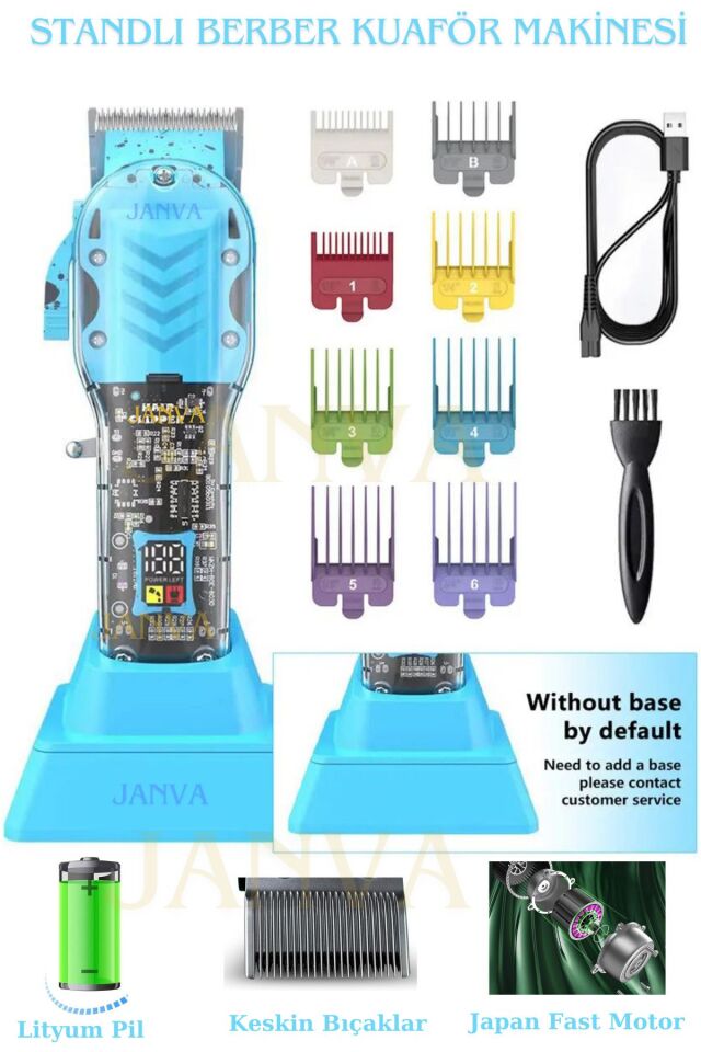 Matrix Led Ekranlı Standlı Şeffaf Transparan Tıraş Makinesi Profosyonel Kullanım Lityum, 8 taraklı Mavi