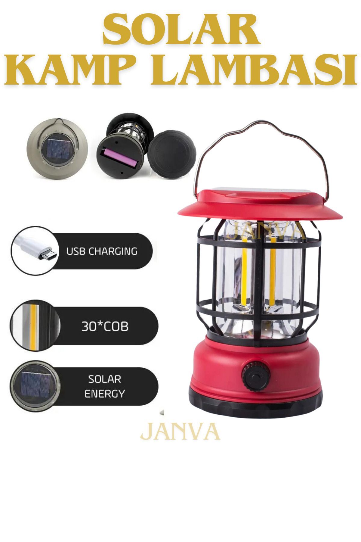 Güneş Enerjili Solar Nostaljik Işığı Ayarlanabilir Ledli Kamp Feneri Lamba Işıldak Usb Şarjlı Kırmızı