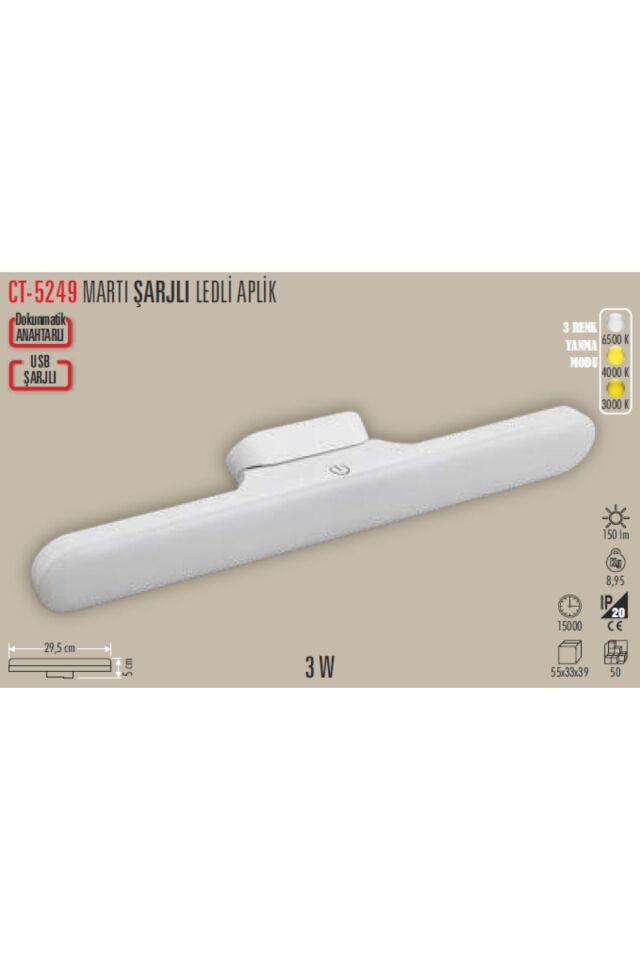 Ct-5249 Şarjlı Led Işık Usb Şarjlı Kablosuz Mıknatıslı Led Lamba 3 Farklı Işık Rengi