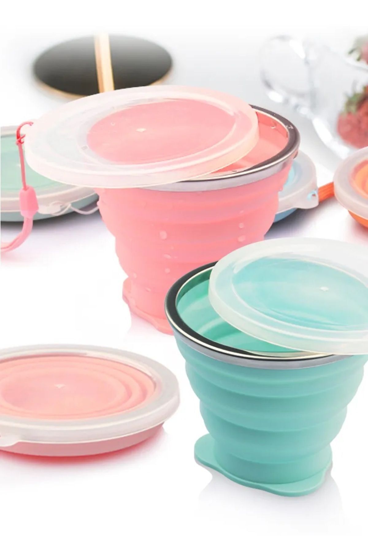 Katlanır Silikon Bardak Kapaklı İzcilik Seyehat Yolculuk Kamp Piknik Bebek Mama Bardağı pembe