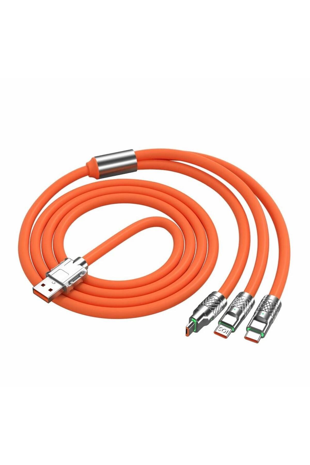 6A 120W 3 in 1 Usb to Type-C + Micro Usb + Lightning Hızlı Şarj Kablosu Silikon Kablo 1 Metre