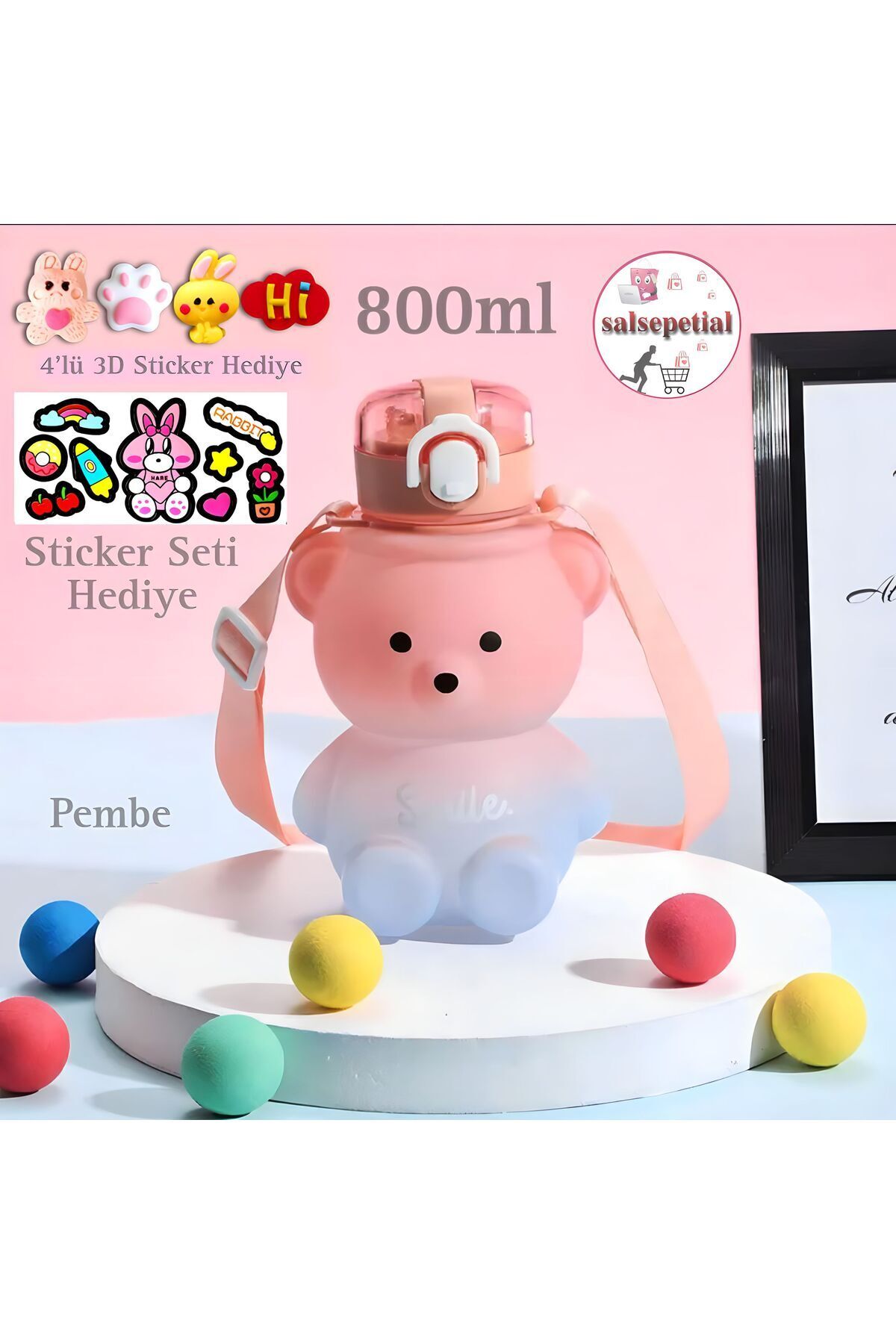 Ayıcık Su Matarası Ayıcıklı Suluk Figürlü Su Şişesi Ayıcık Matara 800ml Pembe