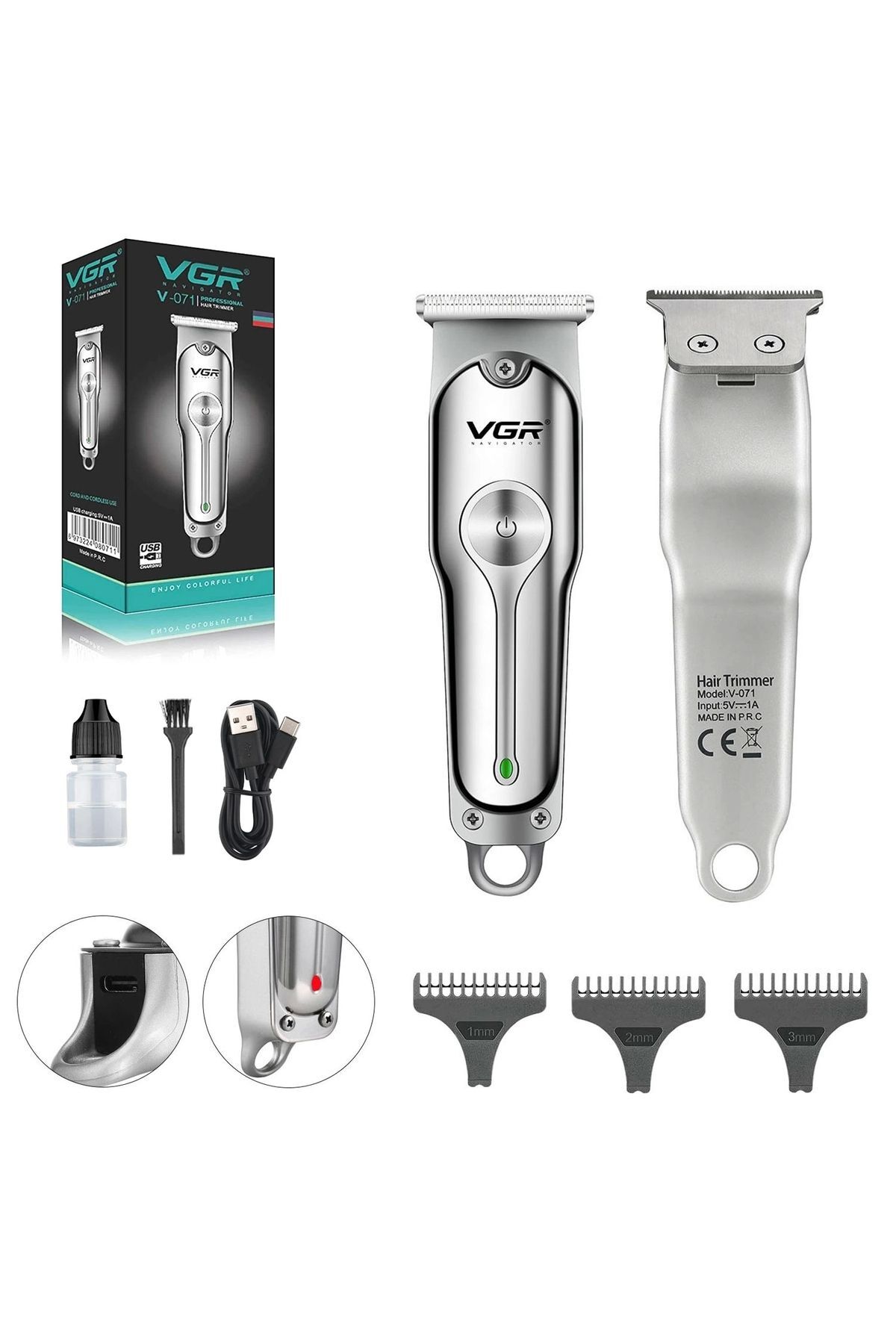 V-071 Mini Şarjlı Metal Profesyonel Saç Sakal Tıraş Makinesi GÜMÜŞ GRİ