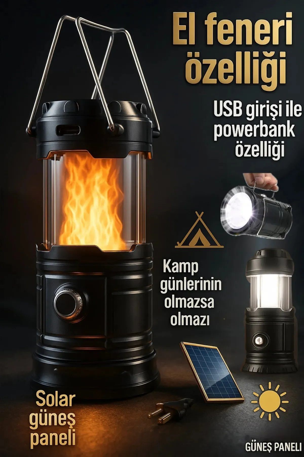 Şarj Edilebilir Güneş Enerjili Taşınabilir Fener Alev Ateş Modlu Kamp Feneri Led El Feneri