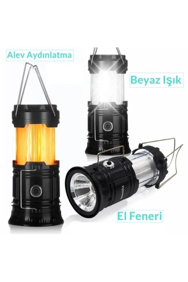 Şarj Edilebilir Güneş Enerjili Taşınabilir Fener Alev Ateş Modlu Kamp Feneri Led El Feneri