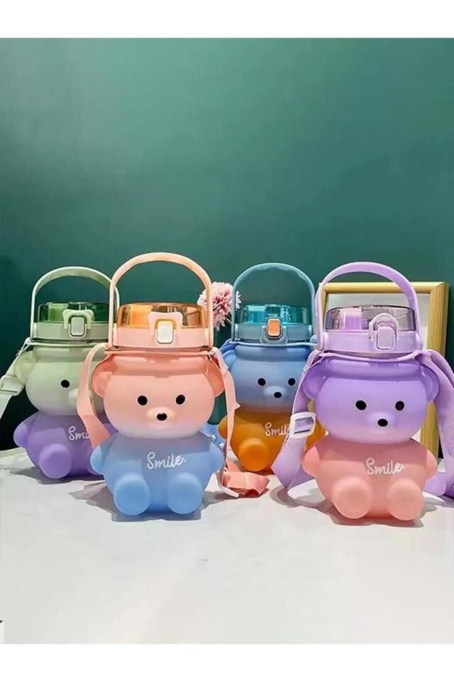 Smıle Ayıcık Tasarımlı Askılı Bottle Suluk Trıtan Matara 800 Ml PINK-PURPLE