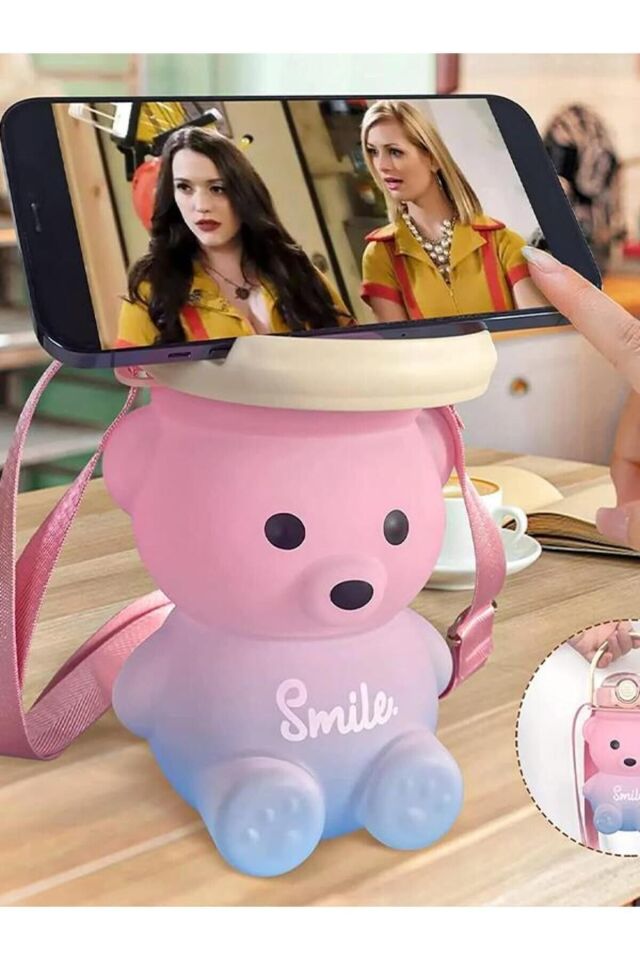 Smıle Ayıcık Tasarımlı Askılı Bottle Suluk Trıtan Matara 800 Ml PINK-PURPLE