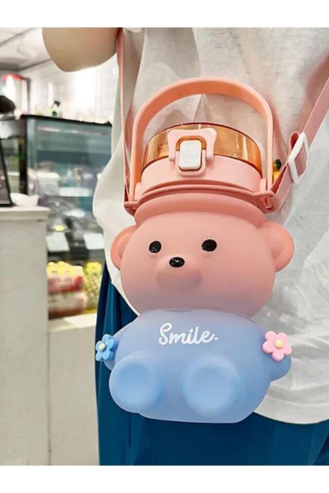 Smıle Ayıcık Tasarımlı Askılı Bottle Suluk Trıtan Matara 800 Ml PINK-PURPLE