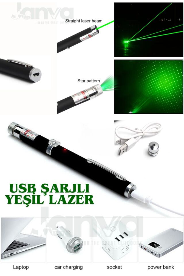 Usb Şarjlı Voltran Yeşil Lazer Kalem Başlıklı Yeşil Lazer Pointer Turbo Işın Yeşil Laser Pointer