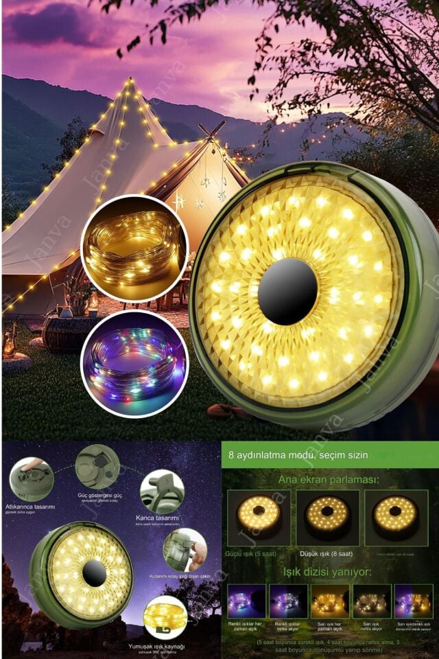 Şarjlı 8x80 Led Kamp Lambası Işıldak Fener Dekor Lambası Yıl Başı Süsü Perde Peri Şerit Led Makaralı
