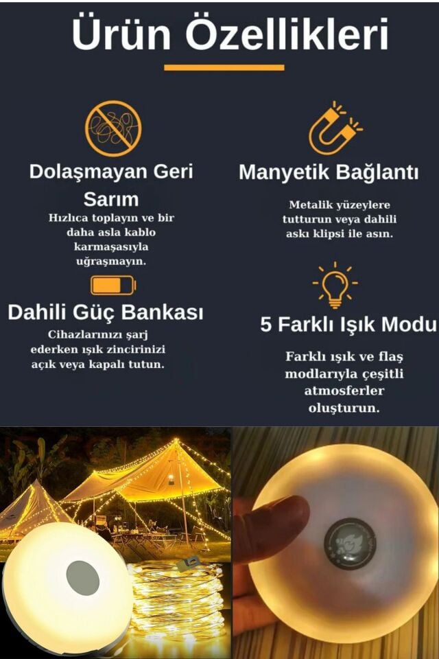 Şarjlı 10 Metre Led Kamp Lambası Işıldak Fener Dekor Lambası Yıl Başı Süsü Perde Peri Şerit Led Kamp