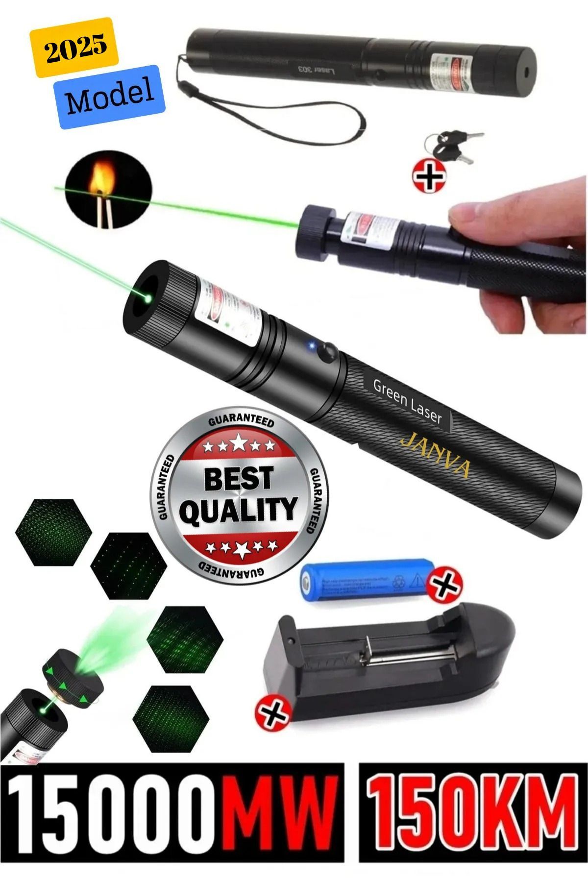 Şarjlı Turbo Yeşil Lazer Pointer Kibrit Yakabilen 15000 Mv Güç 150km Green Laser