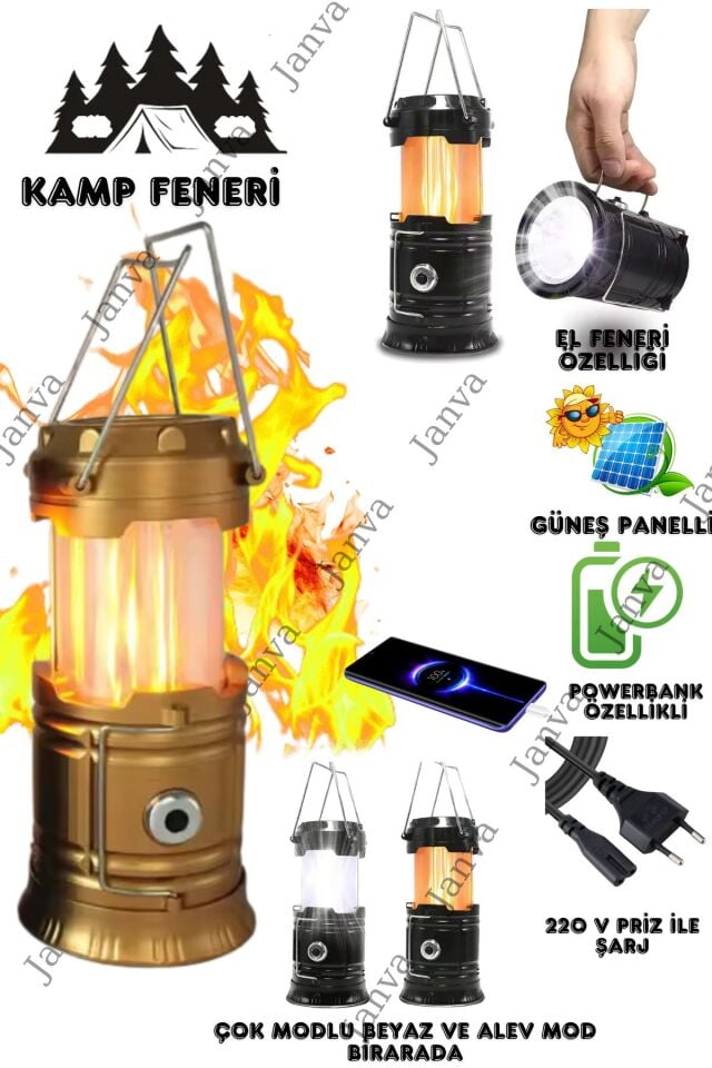 Calido Şarj Edilebilir Güneş Enerjili Taşınabilir Fener Alev Kamp Feneri Led El Feneri