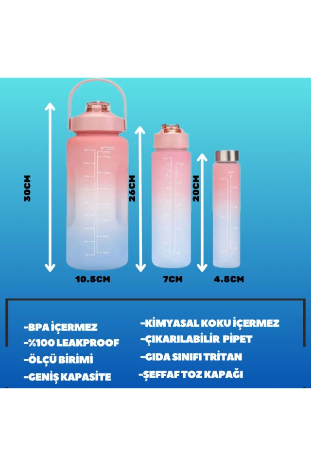 Motivasyonel 3lü Set Su Matarası Su Şişesi Suluk 2lt 900ml 600ml Tritan Spor Salonu Su Şişesi Suluk