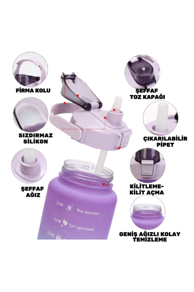 Motivasyonel 3lü Set Su Matarası Su Şişesi Suluk 2lt 900ml 600ml Tritan Spor Salonu Su Şişesi Suluk