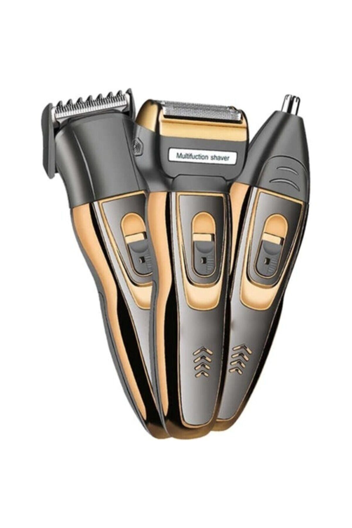 Pro Model 3 Başlıklı Profesyonel 3in1 Tıraş Makinesi Saç Sakal Burun Kılı Tüy Temizleme Traş Gold