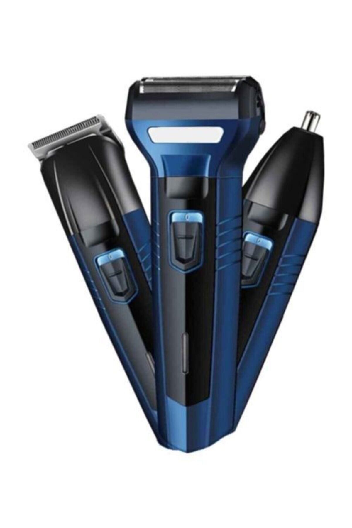 Pro Model 3 Başlıklı Profesyonel Tıraş Makinesi Saç Sakal Burun Favori 3 In 1 Seti Mavi