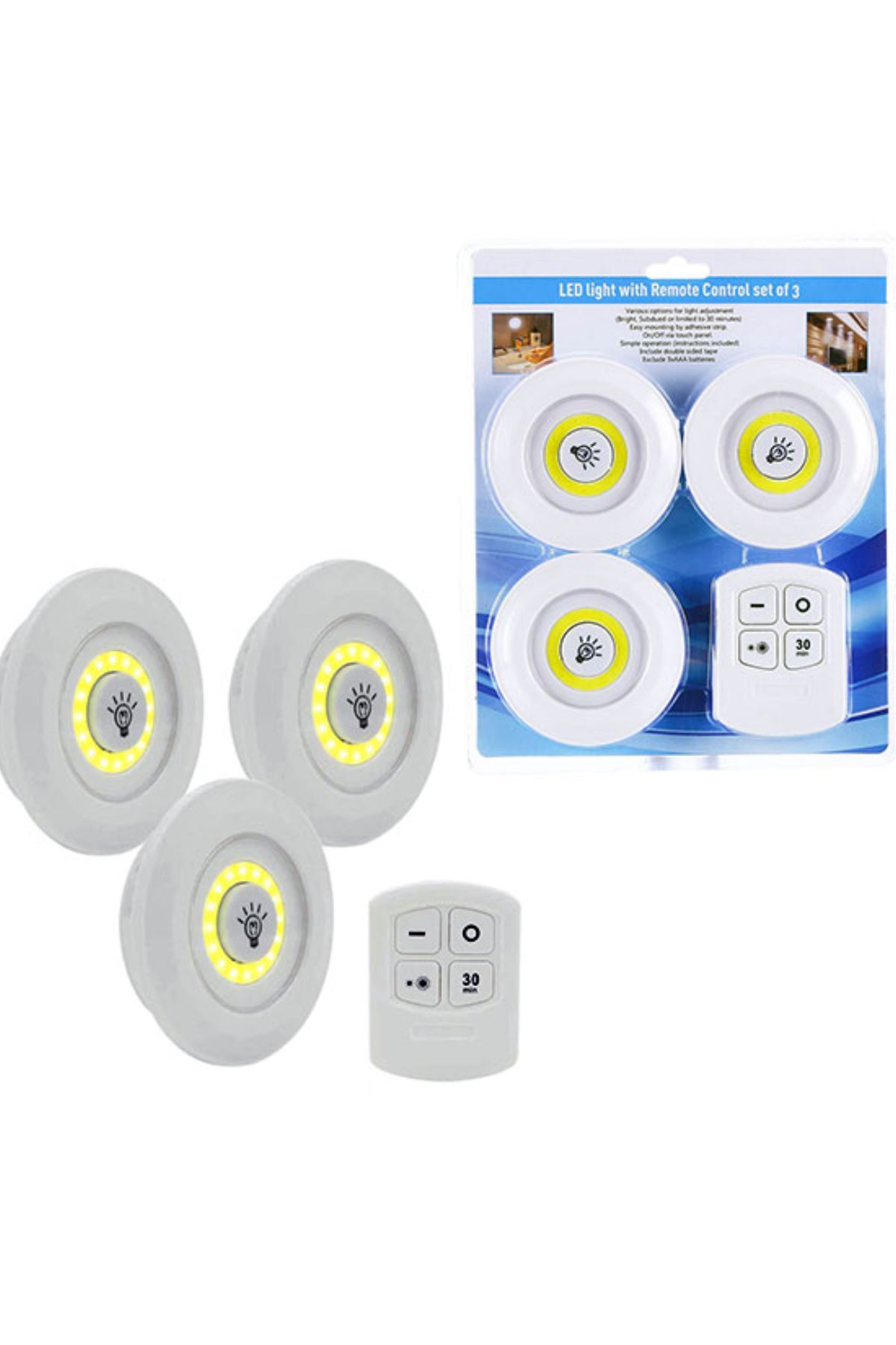 3lü Uzaktan Kumandalı Yapışkanlı Kablosuz Led Spot Lambalar ÇOK RENKLİ