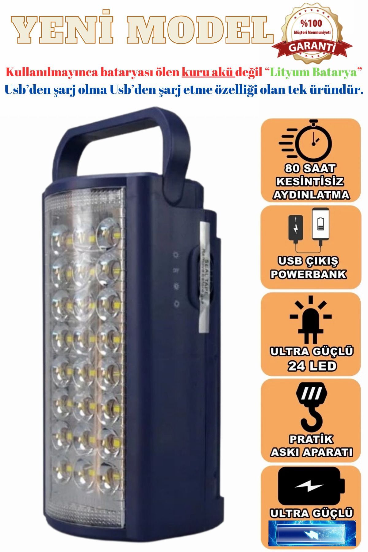 24 Led Ultra Güçlü Şarjlı Işıldak Powerbank El Feneri Kamp Masa Piknik Çadır Lambası ''Lityum Pilli''