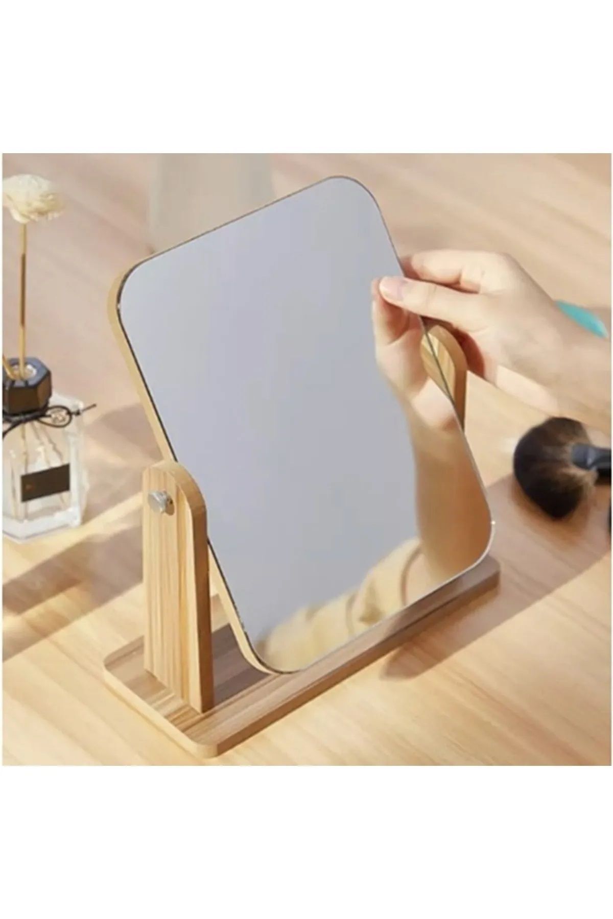 El Aynası Masa Aynası Makyaj Aynası Ayarlanabilir Kare Makeup Mirror 18cm Ahşap